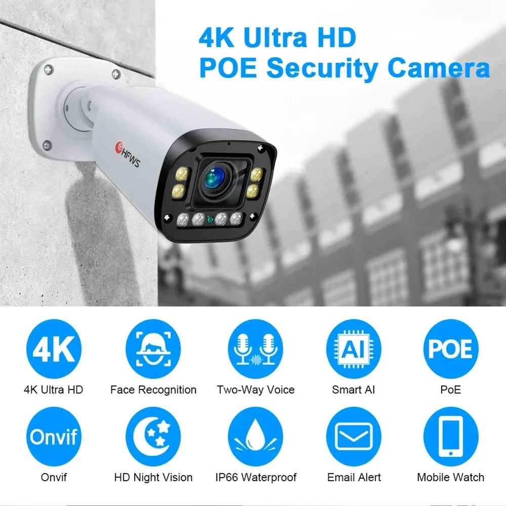 4K 8MP IP Camera Auto Focus 4x Focus POE Audio Outdoor Security Camera with POE H.265 Onvif AI with Face Recognition