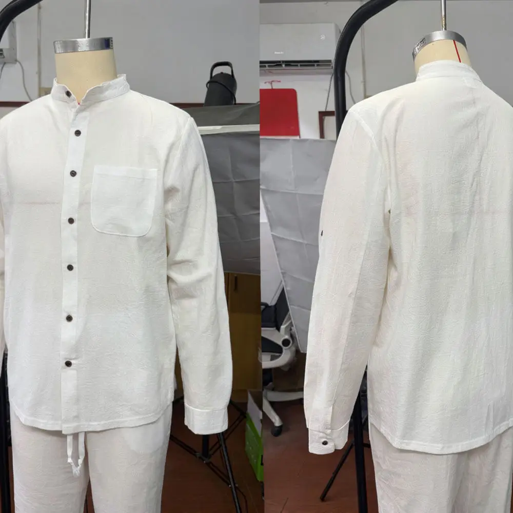 Comfortable Mens Linen Henley Shirt Long Sleeve Breathable Summer Top Fashion Beach Wear Casual Loose Fit Shirt