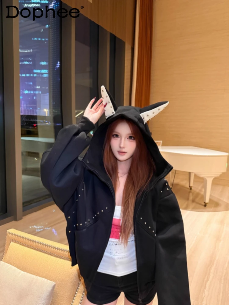 

Y2K Subculture American High Street Cartoon Rivet Zipper Cardigan Sweatshirt for Women Loose Casual Jacket Trendy