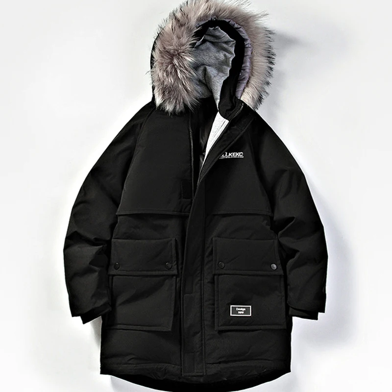 Harajuku Mensฤดูหนาวแจ็คเก็ตและCoatsขนสัตว์Hooded Thicken Windbreakerชายเสื้อผ้าStreetwear Warm Parka Outwear