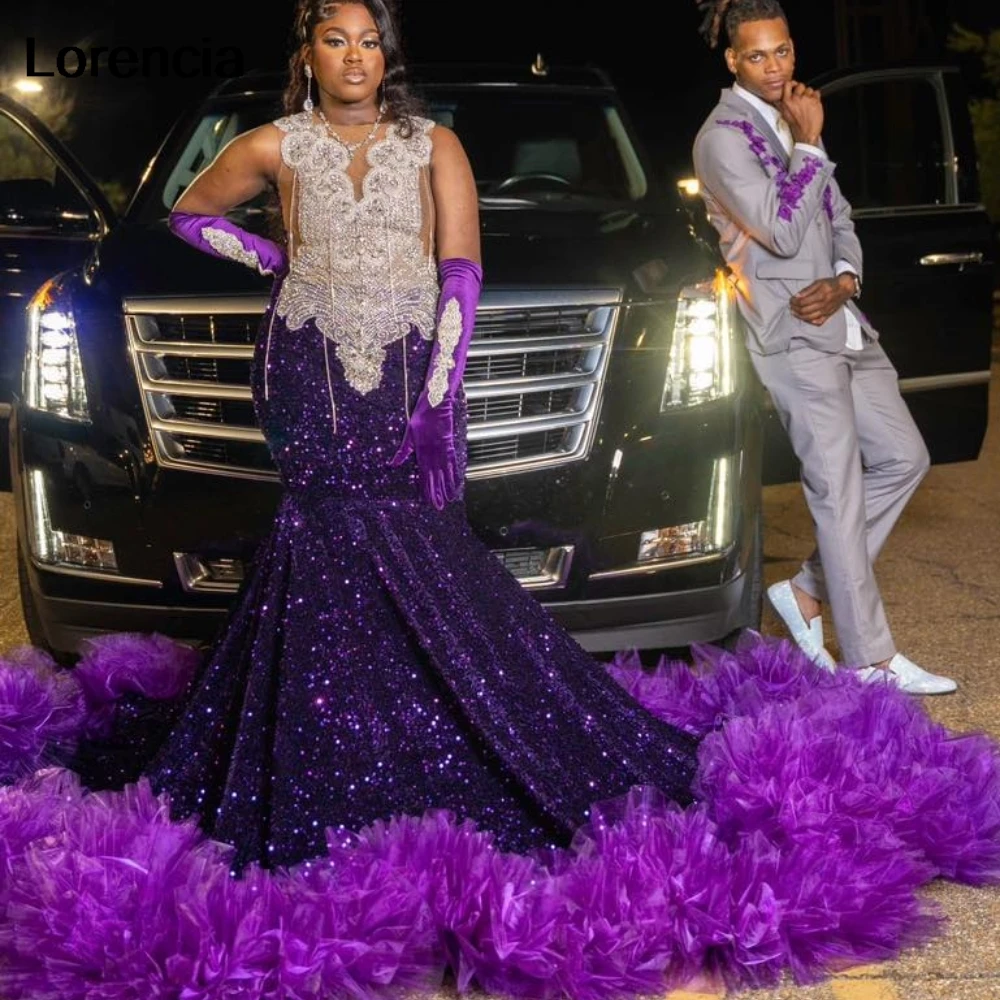 Customized Purple Ruffles Sequins Mermaid Prom Dress Beading Rhinestone For Black Girls Tassel Birthday Party Gown YPD171