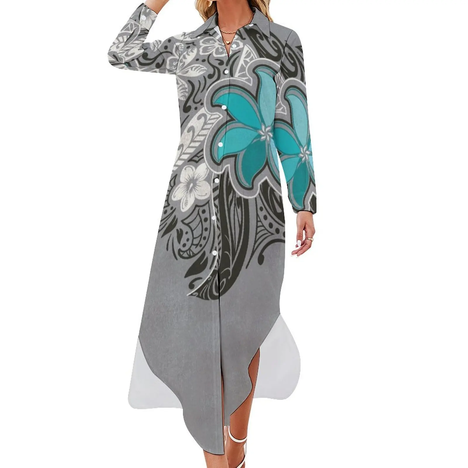 

Teal Polynesian Floral Tattoo Design Long Sleeved Shirt Dress clothes beach dress dresses with long sleeves