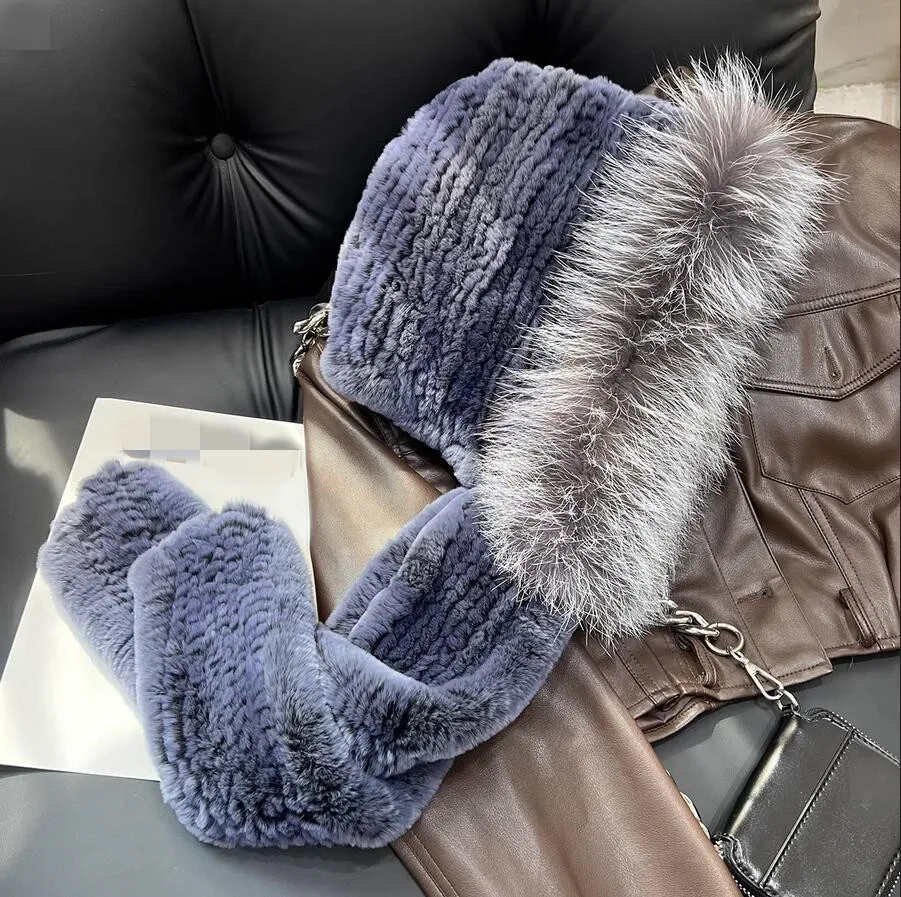 New Winter Women Warm Real Rex Rabbit Fur Hat Scarf Sets with Genuine Fox Fur Cap Muffler Knitted Beanies