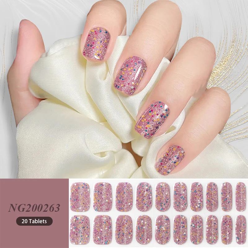 Christmas Winter 20Tips Sequins Semi-cured UV Gel Nail Art Stickers Full Cover Gel Nail Strips Press On Nail Decal Decoration