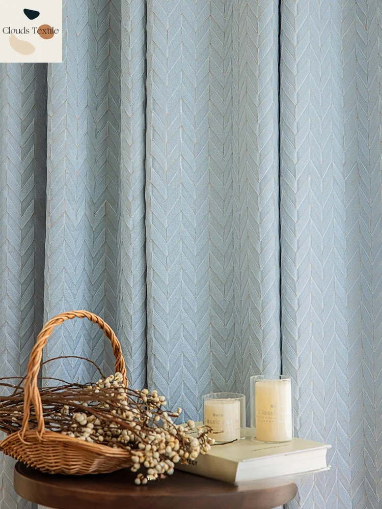 

Haze Blue Relief Curtains for Living Dining Room Bedroom High Precision Jacquard Light Luxury Modern Simple Blackout New