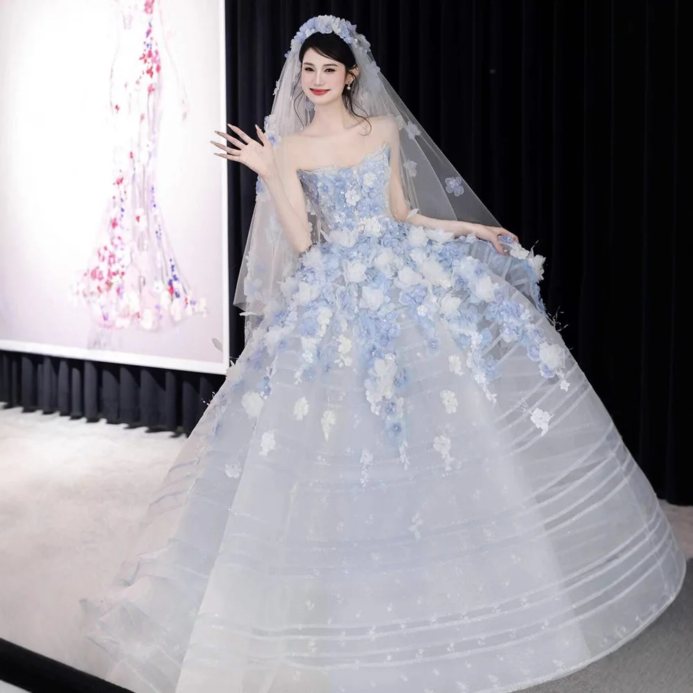 アイスブルーの花ウエディングドレスふわふわ妖精 Gilrs イブニングドレスオフショルダー 3D 花フォーマルドレス婚約ウェディングドレス