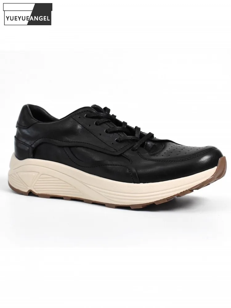 Comfortable Mens Genuine Leather Casual Shoes Lace Up Spliced Solid Color Spring Autumn Vintage Cushioning Platform Sneakers