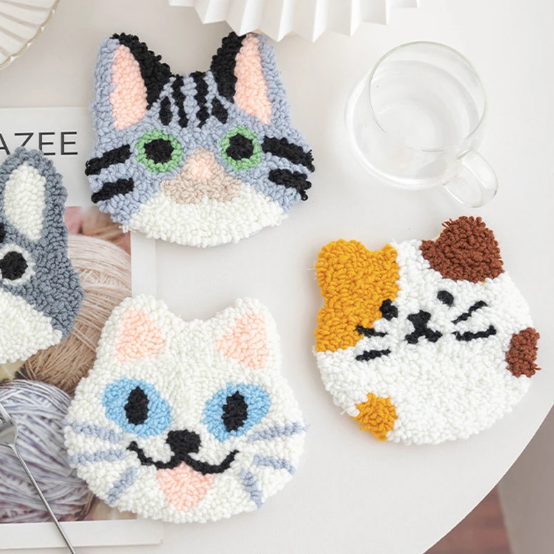 Cat Magic Needle For Embroidery Kit Punch Needle Coaster Set Beginner 3D Skill Embroidery Cross Stitch Kit Wool DIY Craft Art