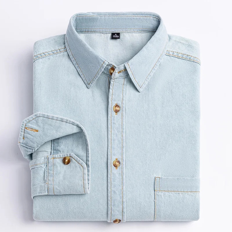 New men\'s long-sleeved shirt 100% cotton denim spring/summer casual non-ironing high quality breathable plus size solid color