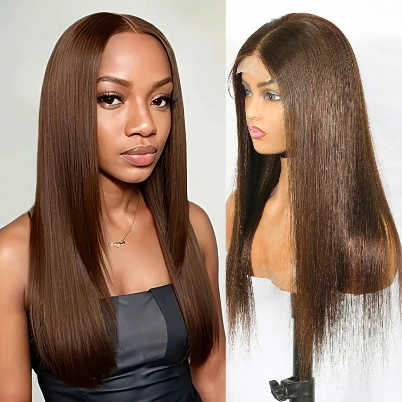 

18-24inch 100% Human Hair 4x4inch Lace Frontal Wig 4# Pre Plucked Natural Hairline Wig 150% Density Women Straight Wig