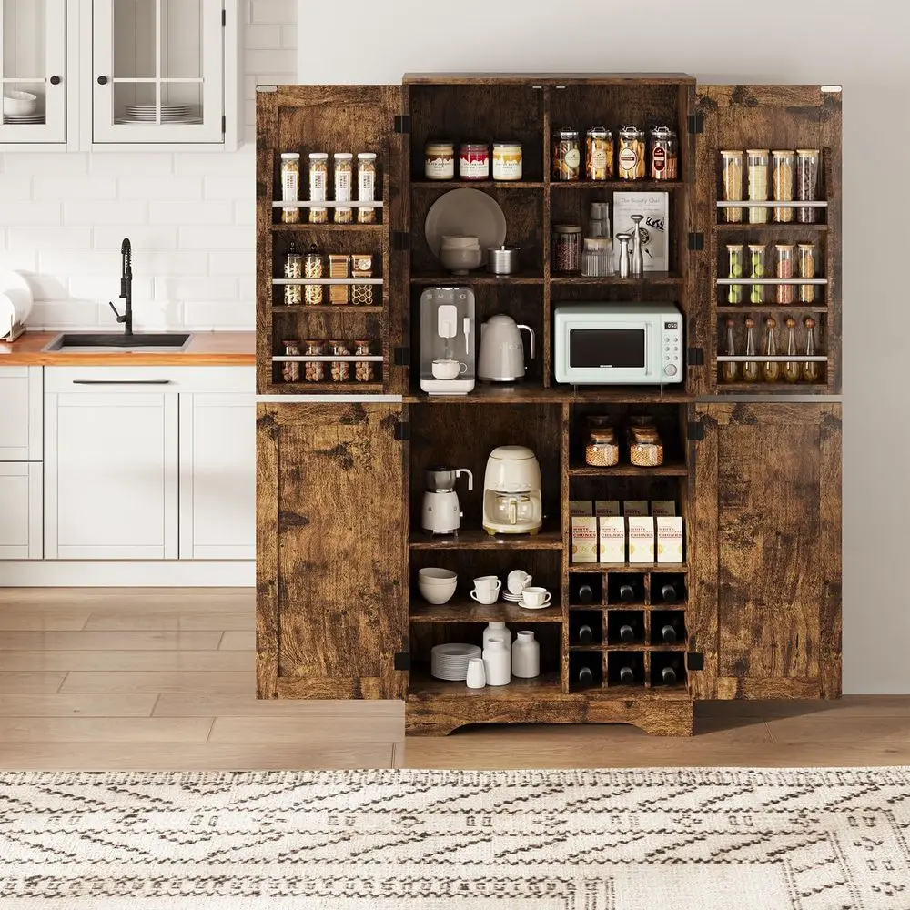

71 Rustic Brown Wooden Pantry Cabinet with Adjustable Shelves, Wine Grid, and 6-Door Storage for Kitchen & Dining