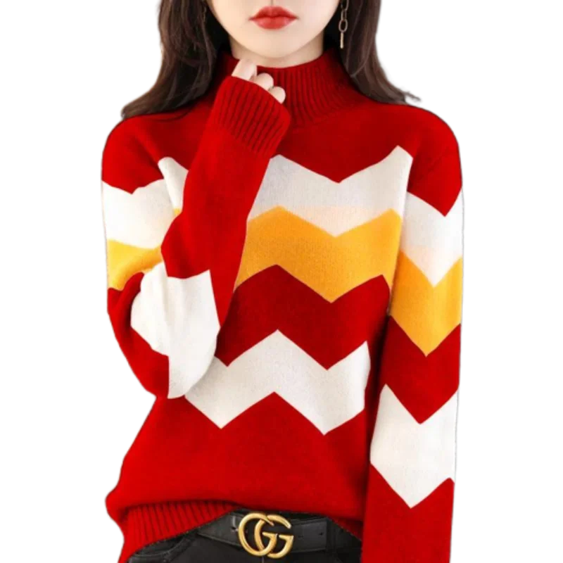 Fashion Woman Blouses 2023 Knitted Long Sleeve Half High Collar Loose Commuter Vintage Casual Color-blocked Sweaters Jumpers