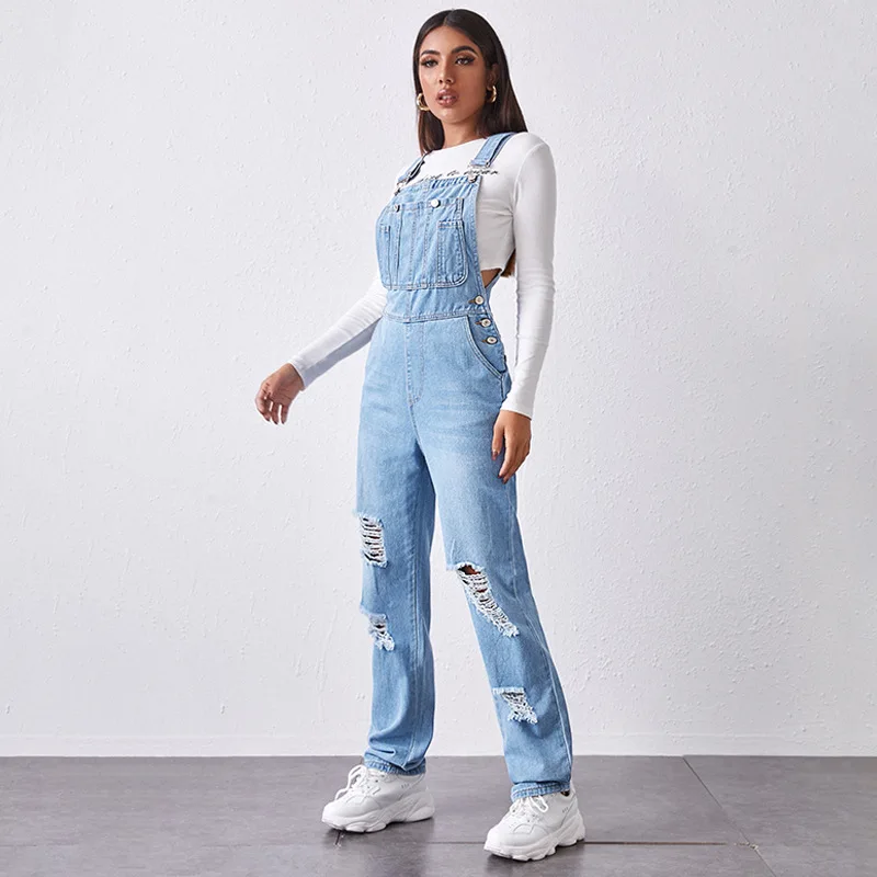 

European and American new denim washed simple and versatile straight leg casual versatile women's jumpsuit overalls
