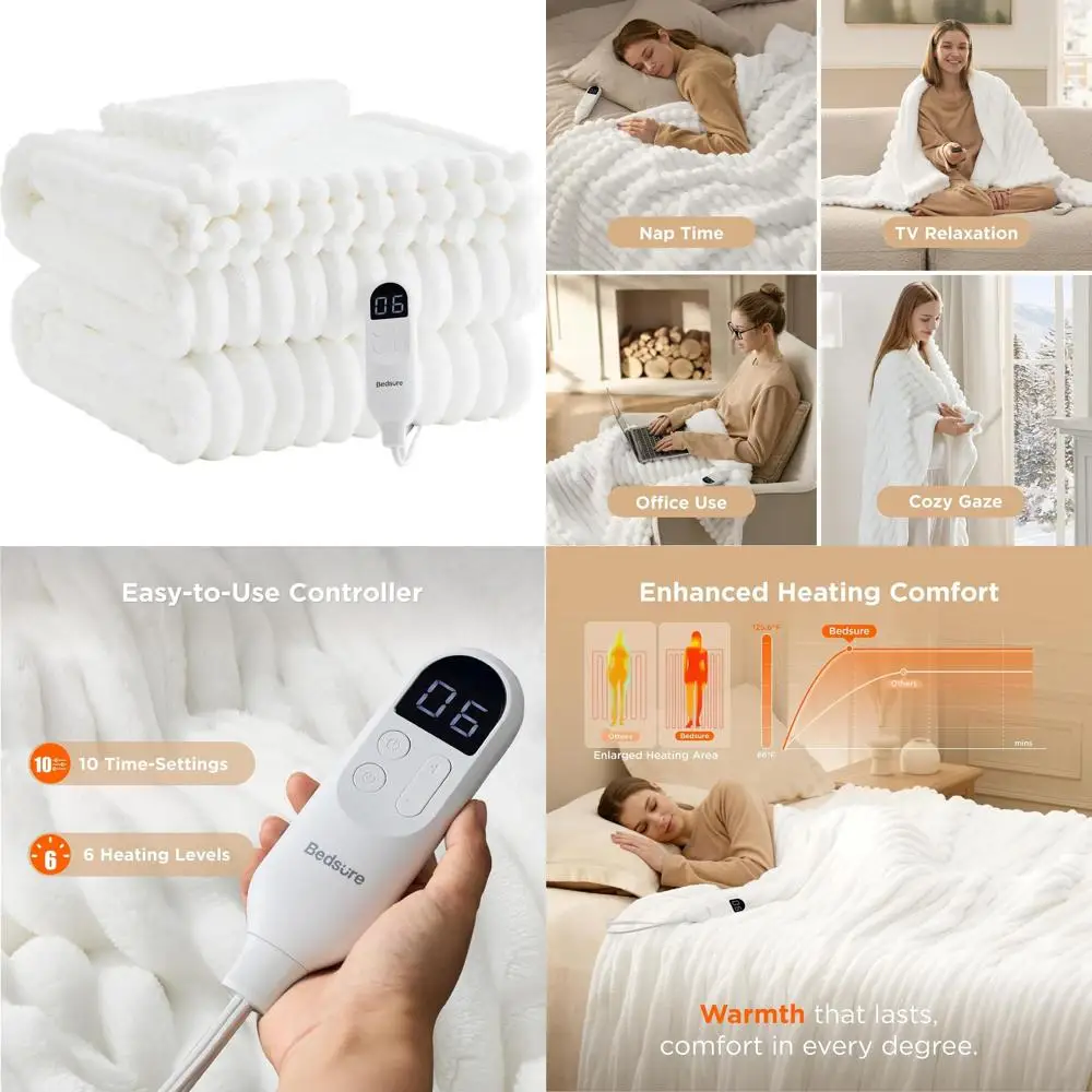 بطانية كهربائية من الفلانيل ذات شريط سميك بحجم مزدوج مع 10 مؤقتات و6 مستويات حرارية وإيقاف تلقائي لمدة 8 ساعات للجدة (62 × 84 أبيض)