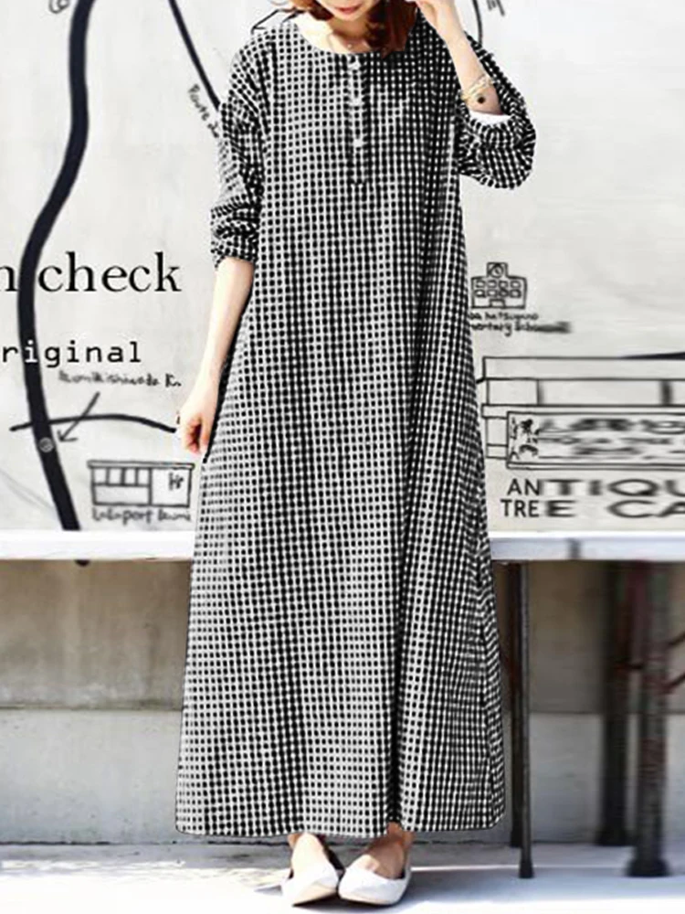 ZANZEA-Robe d'été à carreaux à manches longues pour femmes, Robe maxi décontractée, Vintage, Vacances, Mode, Automne, 2024