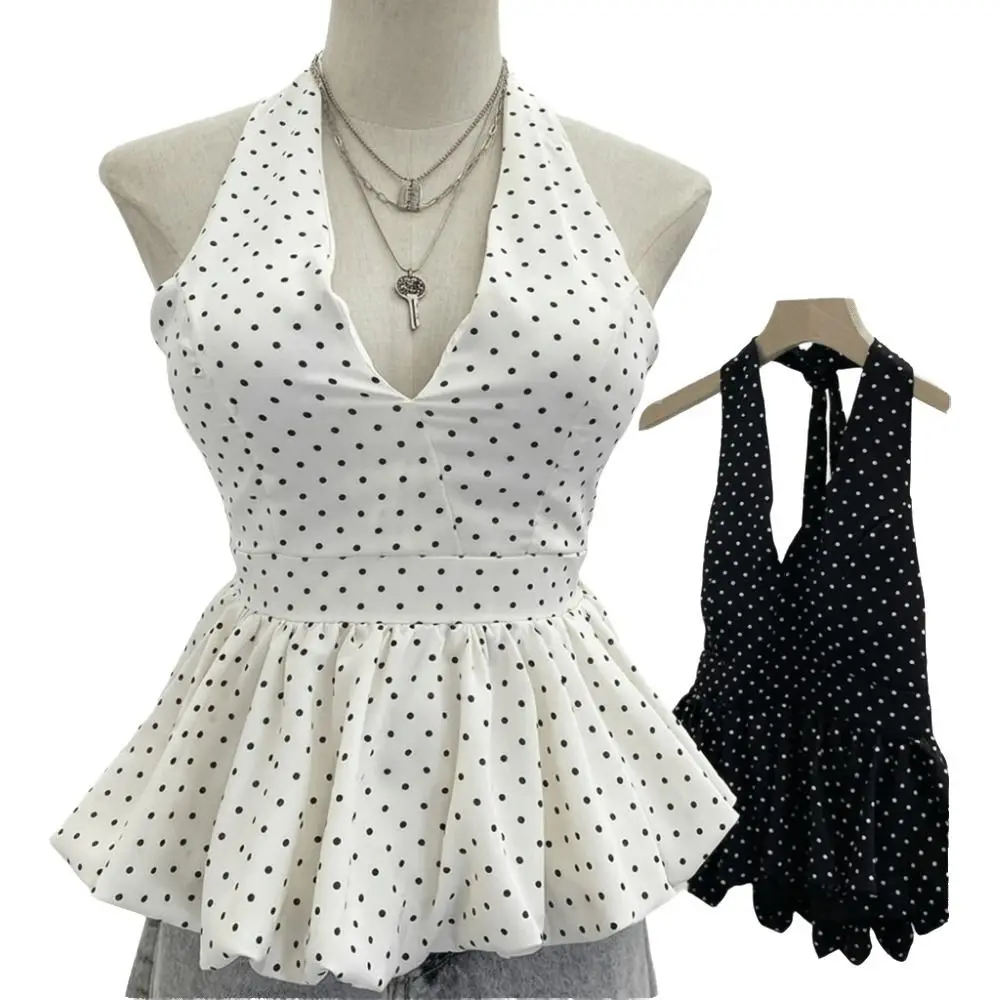 

Sexy Neck Hanging Backless Crop Top Open Back Dot Pattern V Neck Strap Top Basic Style Bandage Top Girl