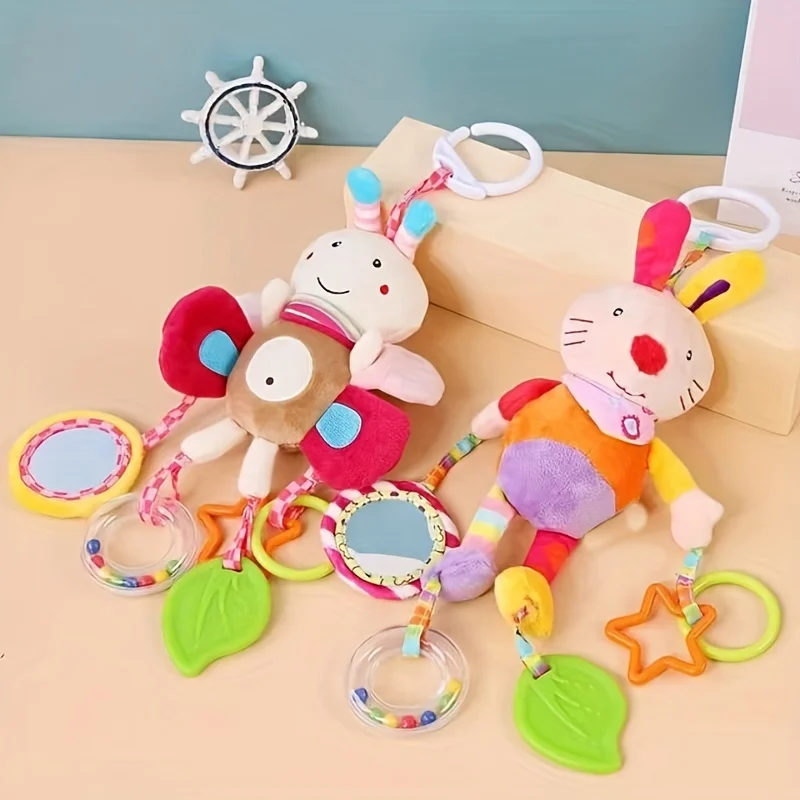 Jouet suspendu au lit de lapin de dessin animé de pâques mignon avec anneau de dentition, sonnerie et poupée miroir amusante – Parfait pour les enfants de 0 à 3 ans!