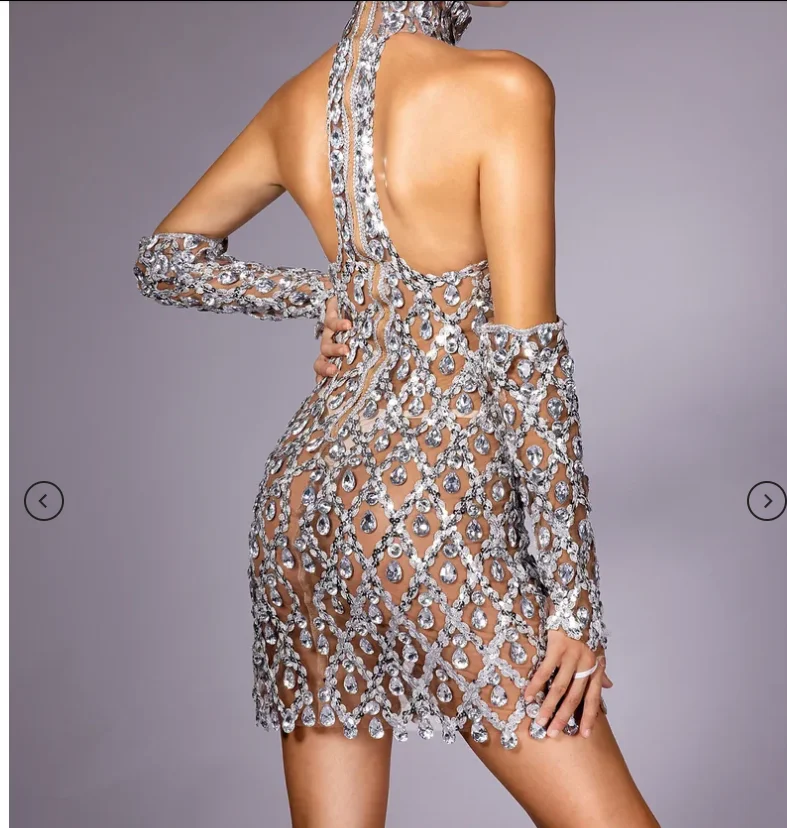 Transparentes Neckholder-Mesh-Kleid von Callie mit Diamant-Pailletten