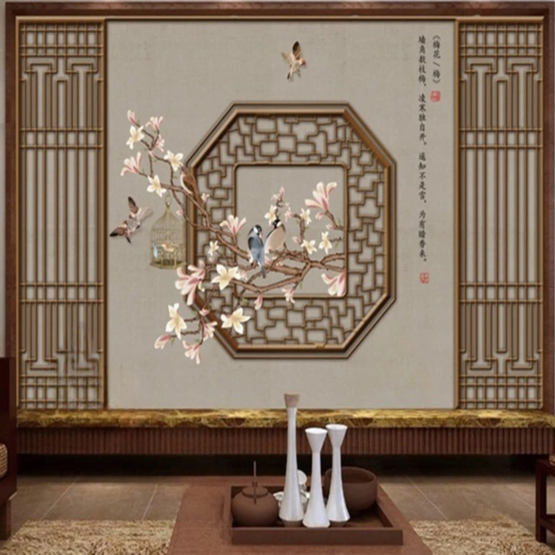 Vintage Hand-Painted Flowers Birds Classical Ink Art Wallpaper Custom Elegant Mural Designs Chinese Floral Painting Background
