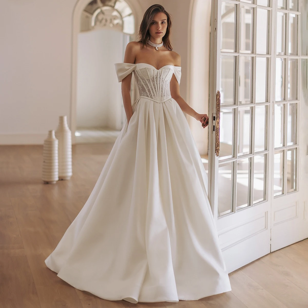 

Classic Off Shoulder Lace Wedding Dress For Women A Line Satin Pleated Bridal Party Gown With Train Long Ball Gown For Bride