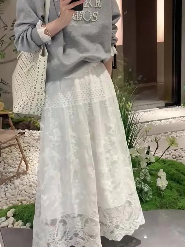 الكورية Sle الدانتيل المرقعة ألف خط تنورة مريحة بسيطة عارضة المرأة تنورة تخفيف تصميم الإحساس f طول تنورة #3