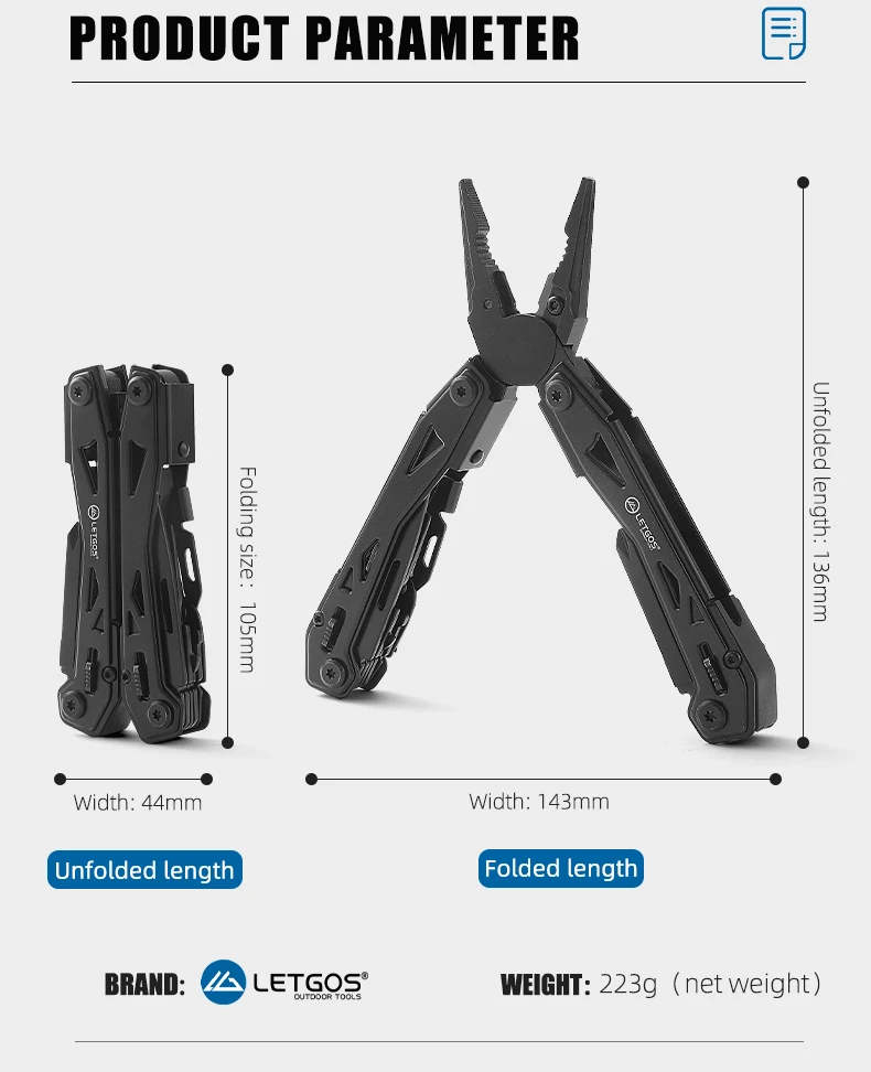 LETGOS Multitool Faltbare Zange Klappbare Schere mit Tasche Tägliche EDC-Ausrüstung Multifunktionale Werkzeuge für Camping, Überleben und Outdoor-Aktivitäten – Detail 16
