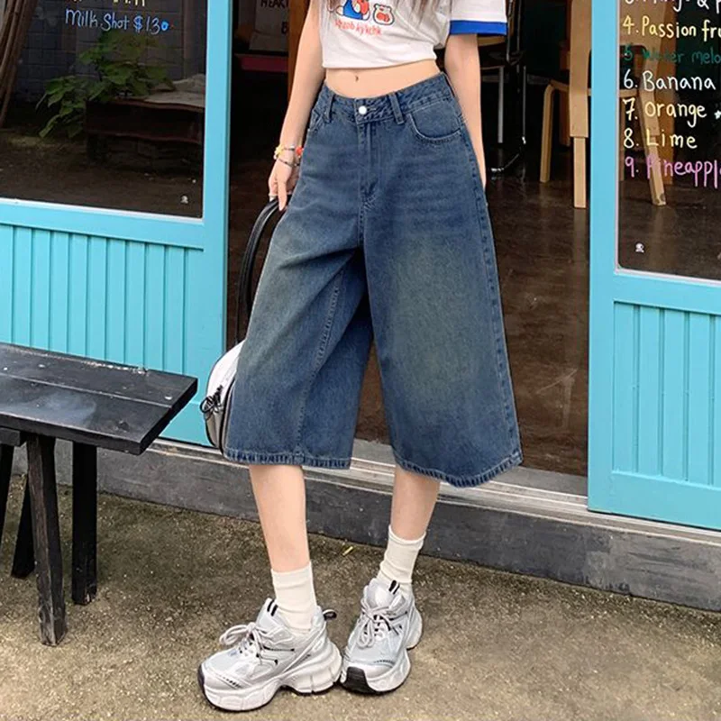 Summer Trendy Fashion Lady High Waist Jeans Girls Retro Loose Fit Capri Pants Female Casual Solid Thin Denim Shorts