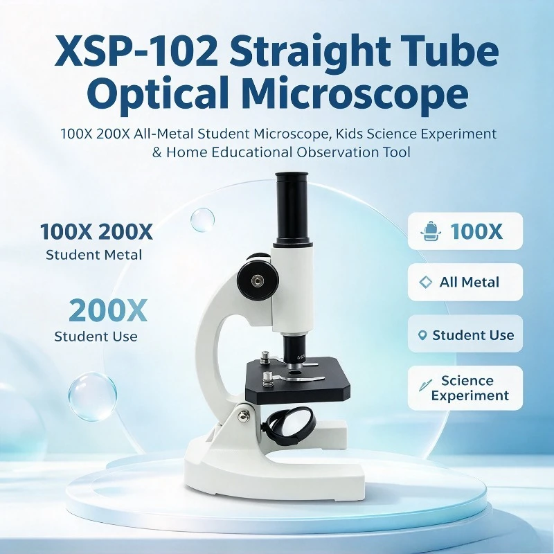 XSP-102 Straight Tube Optical Microscope, 100X 200X All-Metal Student Microscope, Kids Science Experiment