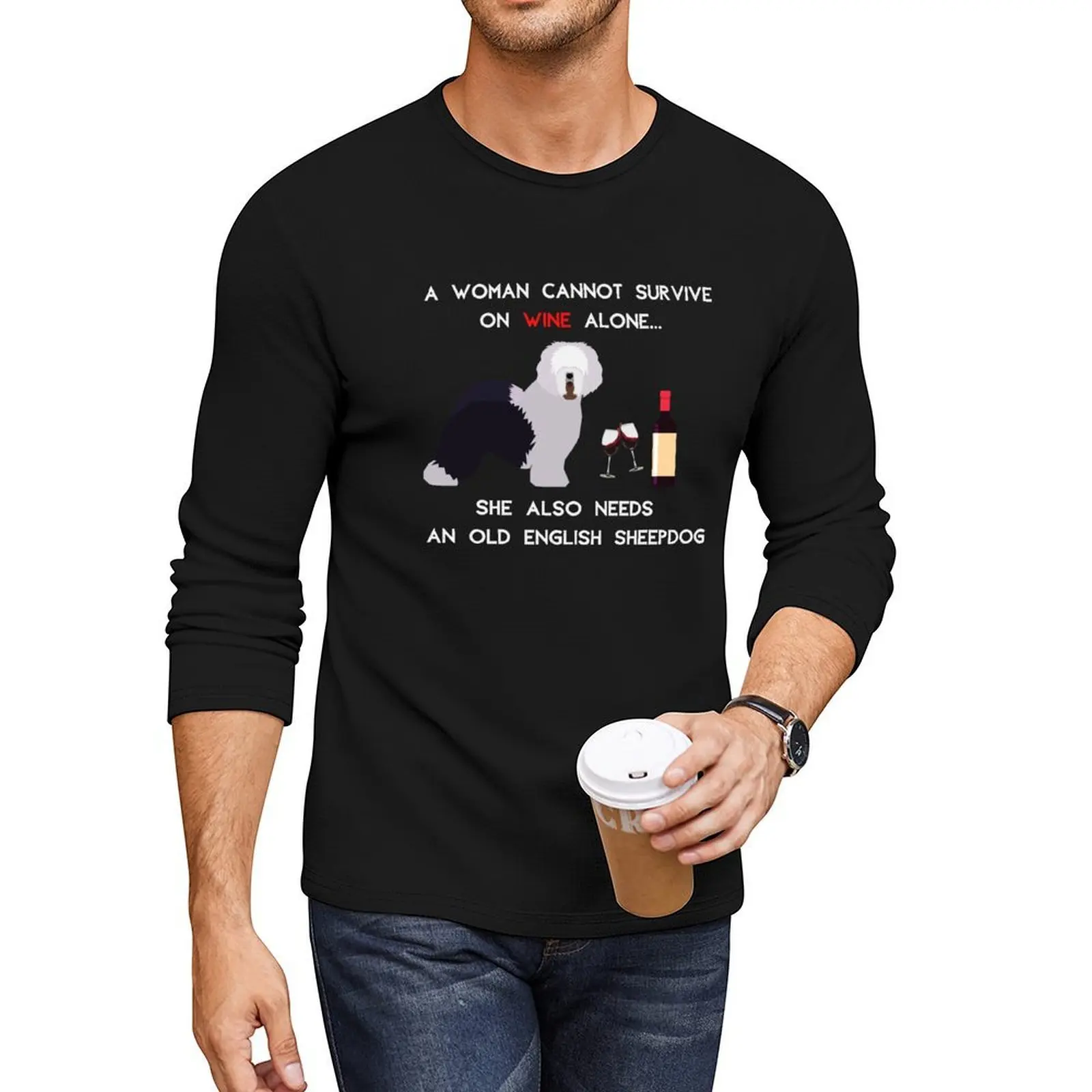 Mejor Vendedor, perro pastor inglés antiguo y vino, camiseta larga divertida en una camiseta negra, camiseta de secado rápido, camiseta de diseñador para hombres