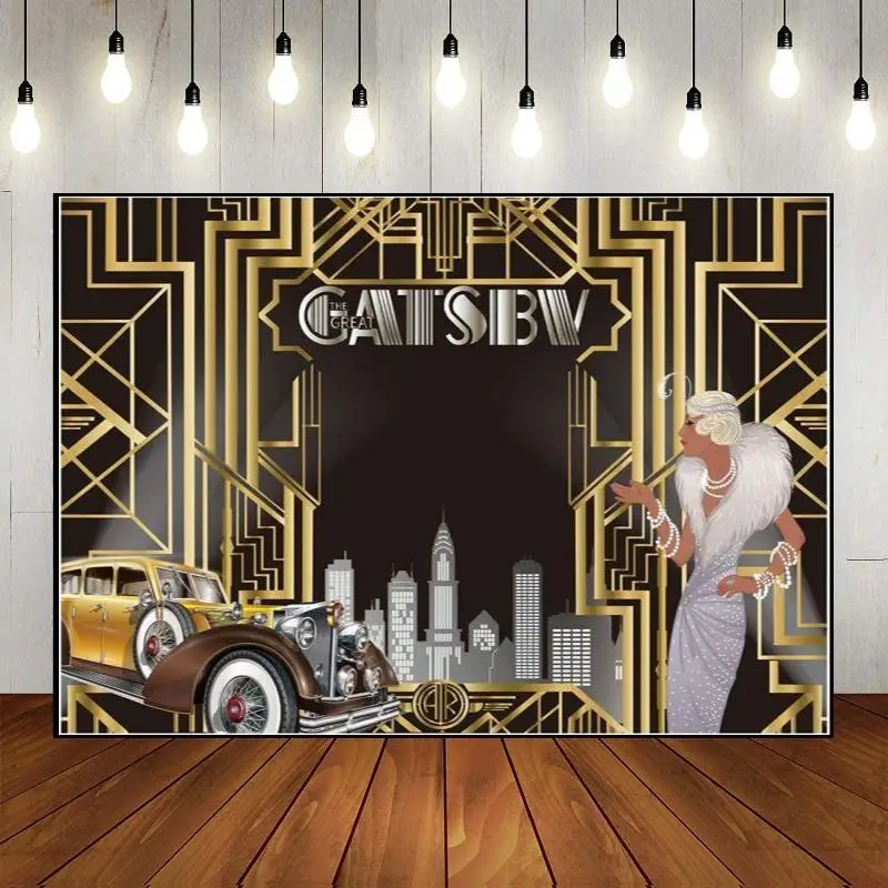 

The Great Gatsby Photography Backdrop Great Black and Gold Golden Banner 1920s Retro Roaring Theme Party Decorations Birthday