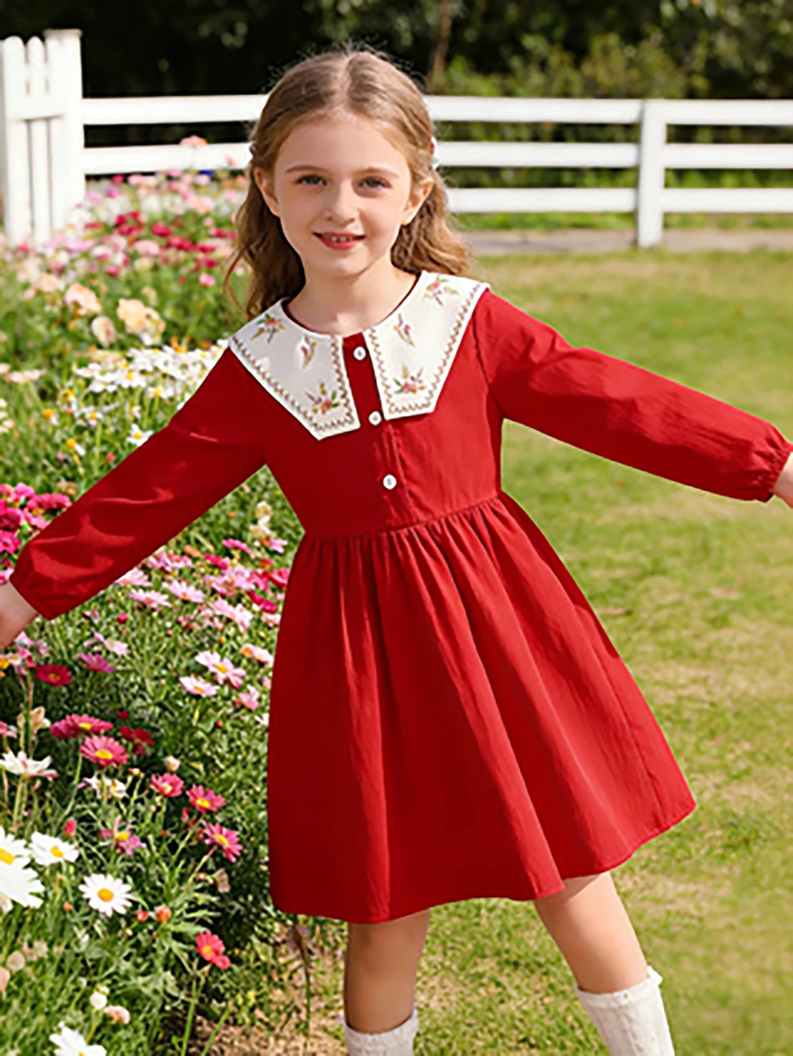 Rotes, besticktes Prinzessinnenkleid mit großem Revers für Mädchen, langärmliges Herbstkleid