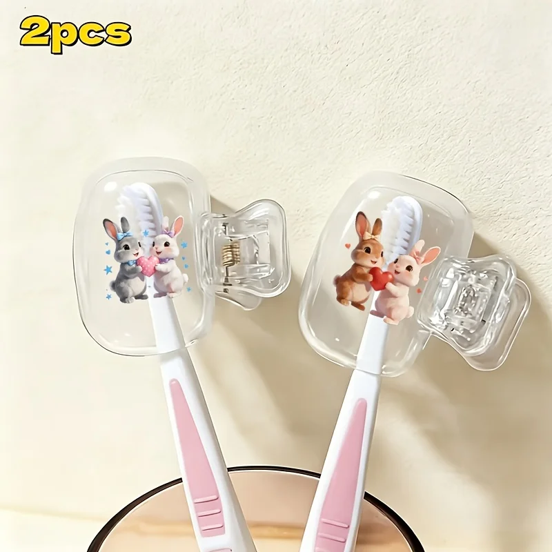 2pcs Rabbits Holding a Heart Together Portable Dustproof Odorless Toothbrush Case Suitable for Travel Sets of Various Sizes