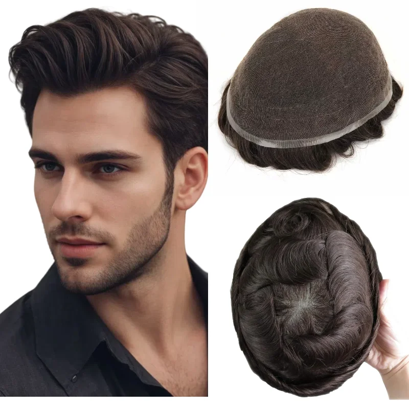 

Мужской шиньон с полной кружевной основой из человеческих волос | Необнаружимый парик-парик для восстановления линии роста волос и покрытия короны