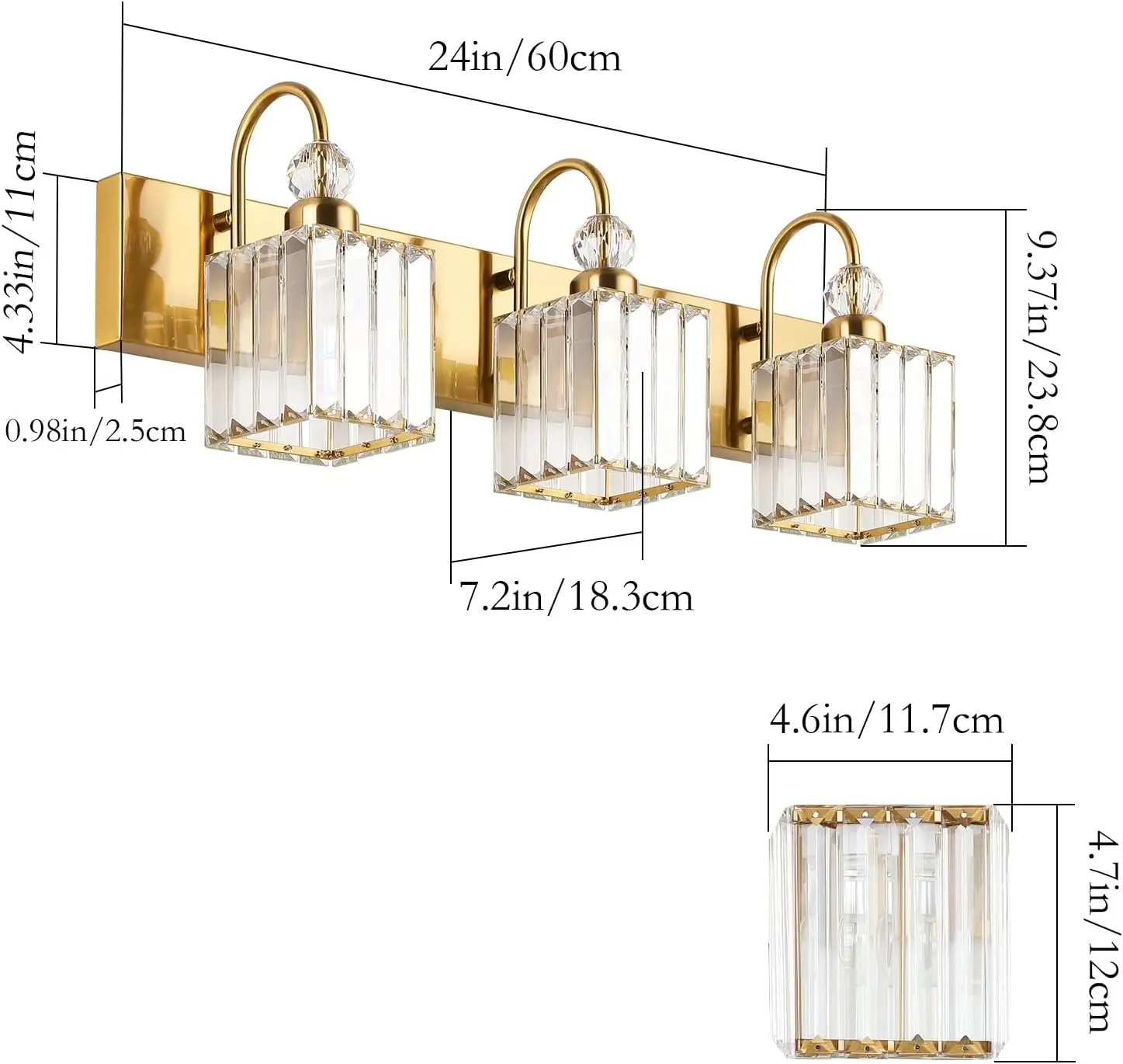 Lumières de vanité en cristal d'or for3-Lights sur les appareils d'éclairage HOWall en cristal modernes de miroir