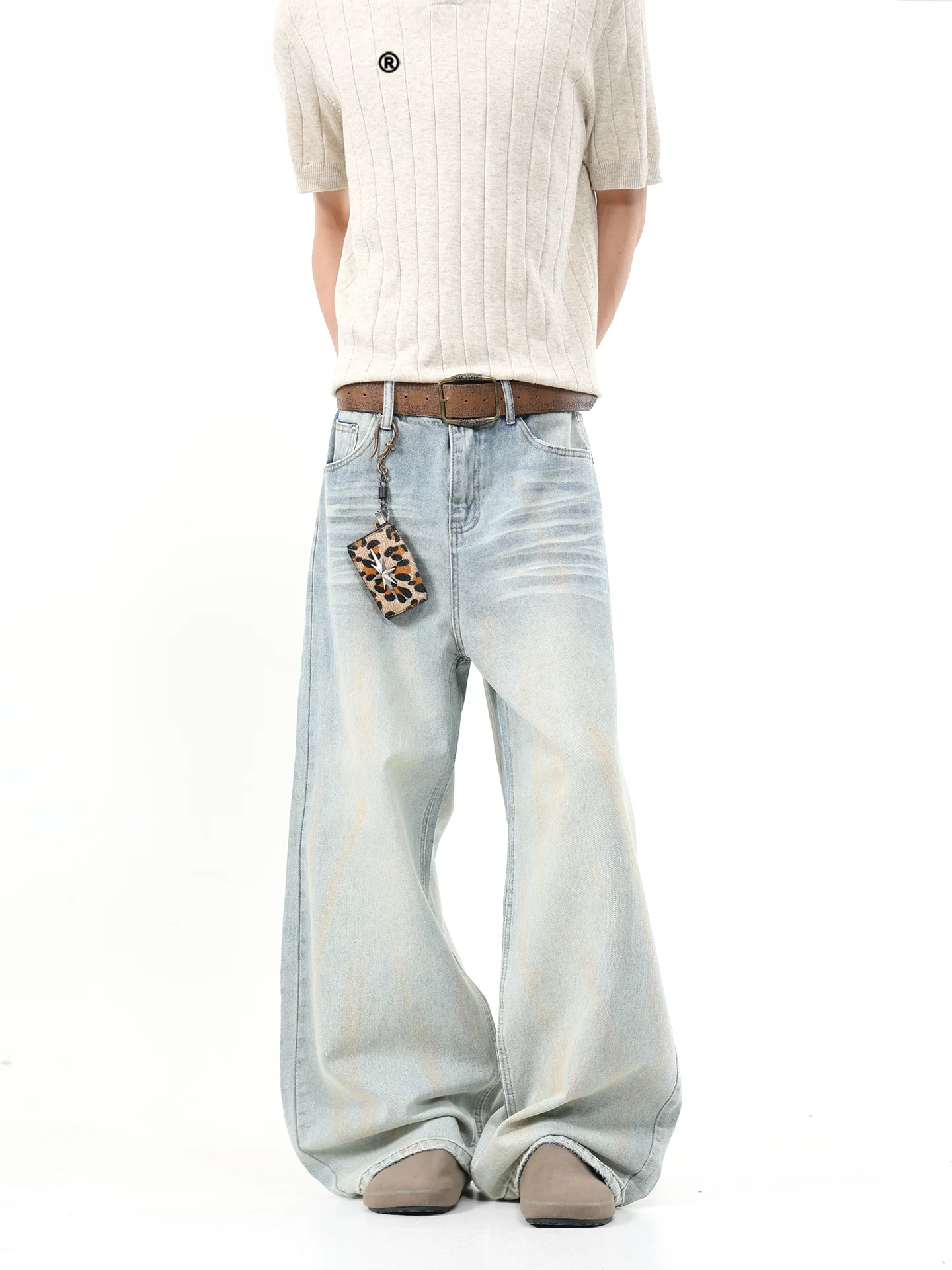 SDMADE American Style Cleanfit Men's Loose Wide Leg Jeans Cream Blue Long Pants Wear Resistant Summer Cotton Blend Denim