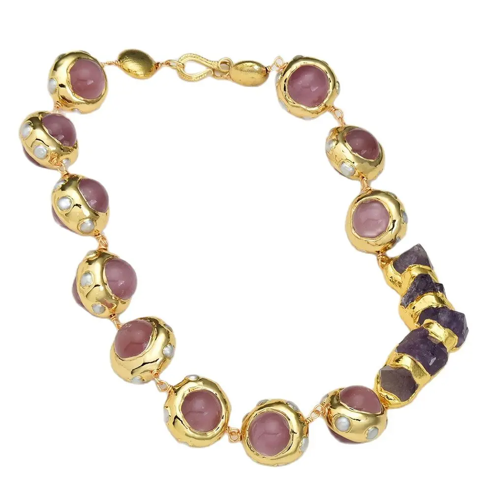 

GuaiGuai Jewelry White Pearl Pink Cat eye Gold Plated Beads Chokers Necklace Purple Amethysts Rough Beads Quartzs Pendant