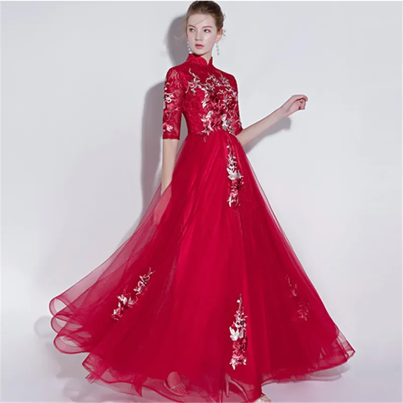 Het is Yiiya Aangepaste Avondjurk Wijnrood Applicaties Hoge Kraag Halve Mouw Vloerlengte Plus size Vrouw Party Formele Jurken