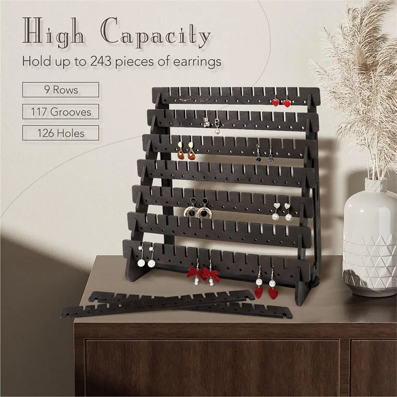 حامل أقراط خشبي متعدد الطبقات، منظم تخزين المجوهرات عالي السعة، رف عرض لغرفة المعيشة المنزلية وغرفة النوم