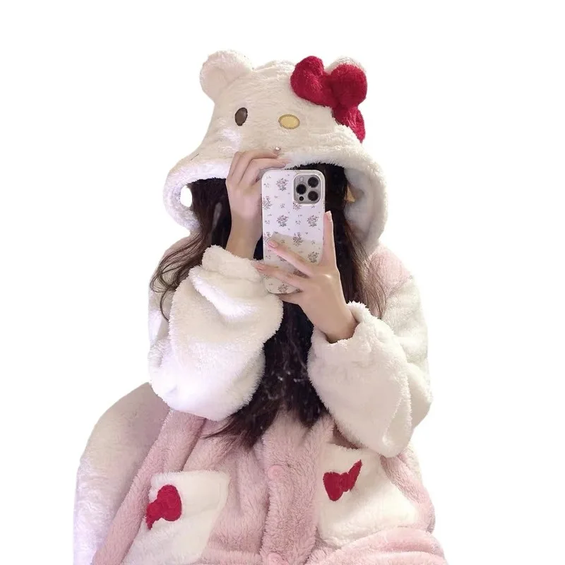 Disney Hello Kitty Stitch Kuromi Nightwear Autumn Winter Coral Velvet Thick Bathrobe Sleeping Robe Long Home Clothes Student