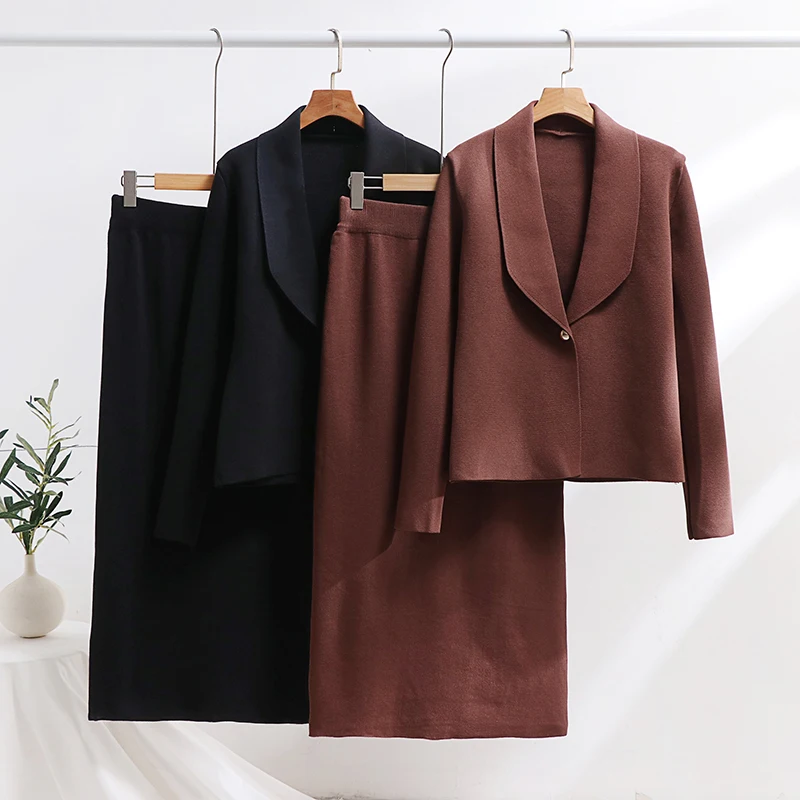 Elegant Blazer Dress Set Women Blazer and Skirt Formal Officewear Women Sets Autumn Winter Knitted Two Piece Set For Women 2024