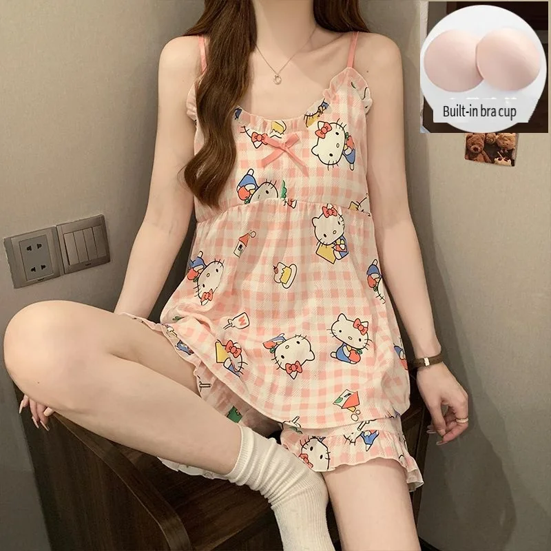 

Пижама Sanrio Hello Kitty с бретельками на шее, женские пижамные шорты, одежда для сна без рукавов, кавайное мультяшное платье-комбинация, летний домашний костюм, новый стиль