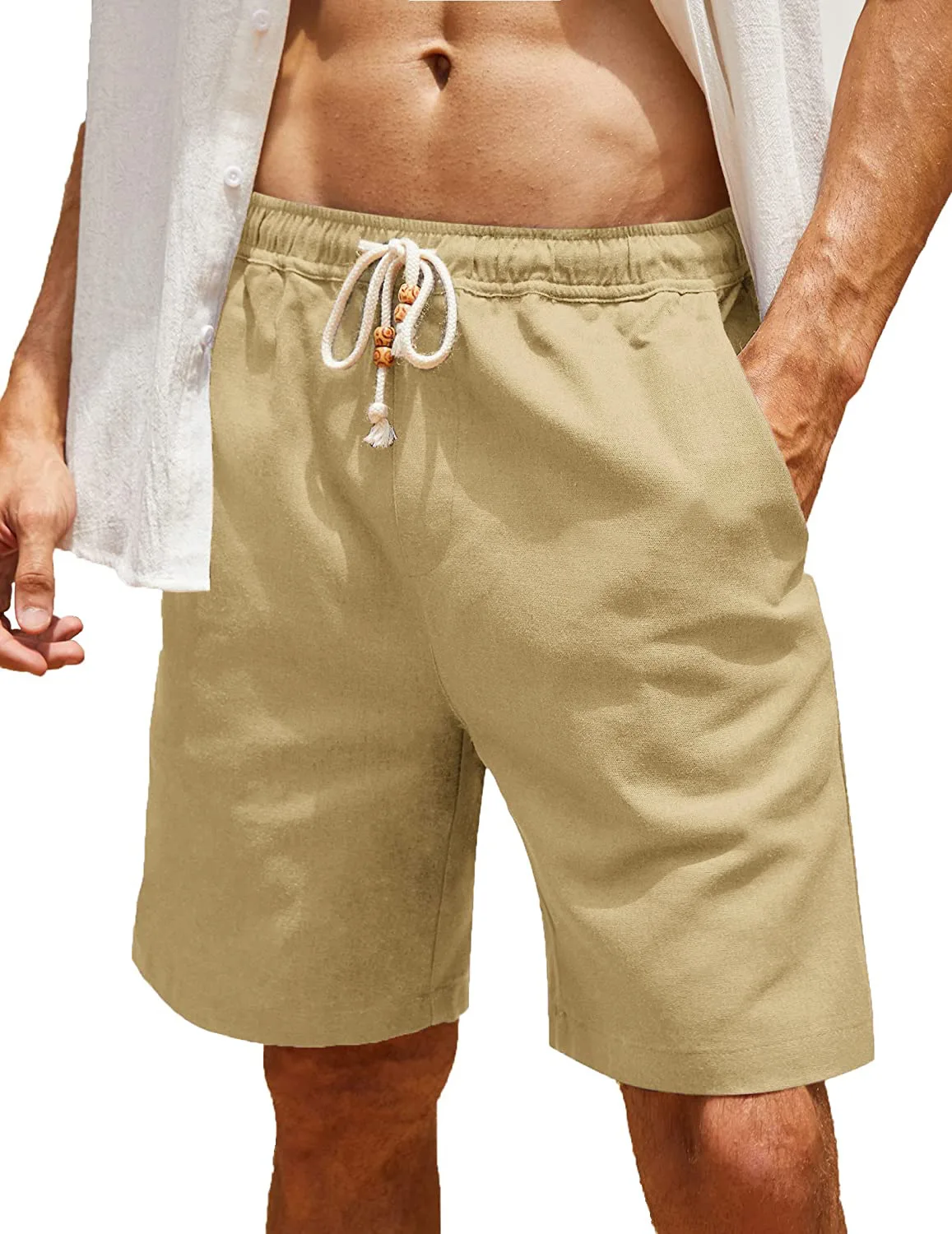 

Summer men's shorts cotton and linen lace up casual pants trendy and versatile solid color outerwear shorts