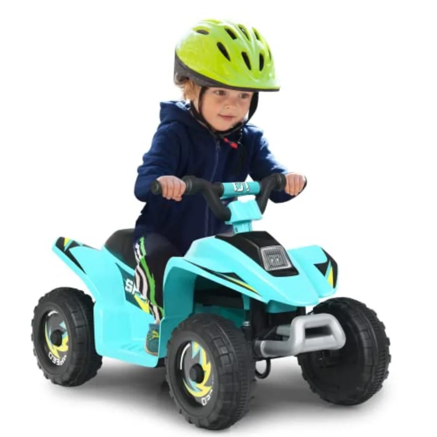 

Ride On ATV for outdoor play, ABS plastic body in Aqua color, features 6V motor, forward/reverse switch, and anti-slip wheels f