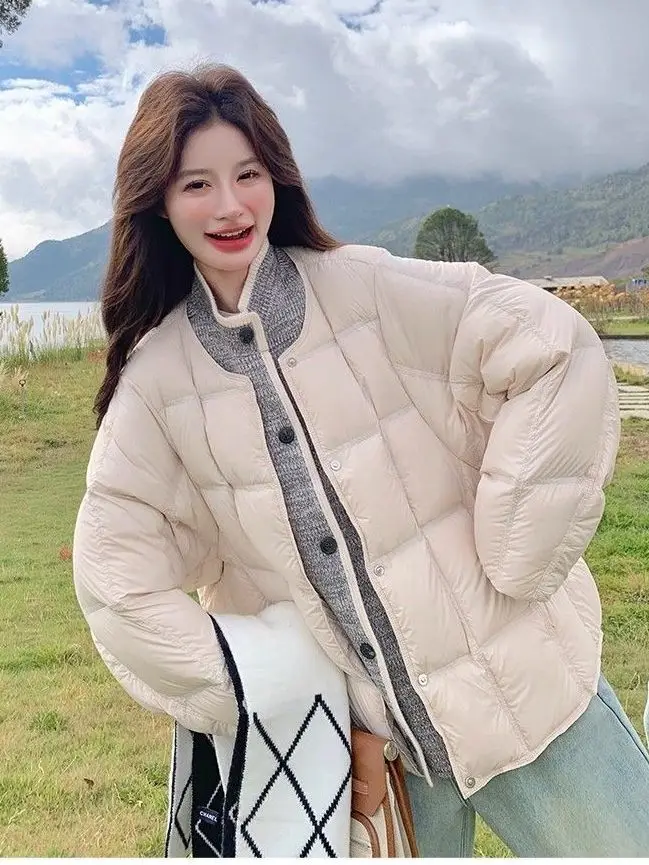 

2026 Winter Women's Down Jacket Loose Splicing Knitted White Duck Down Jacket