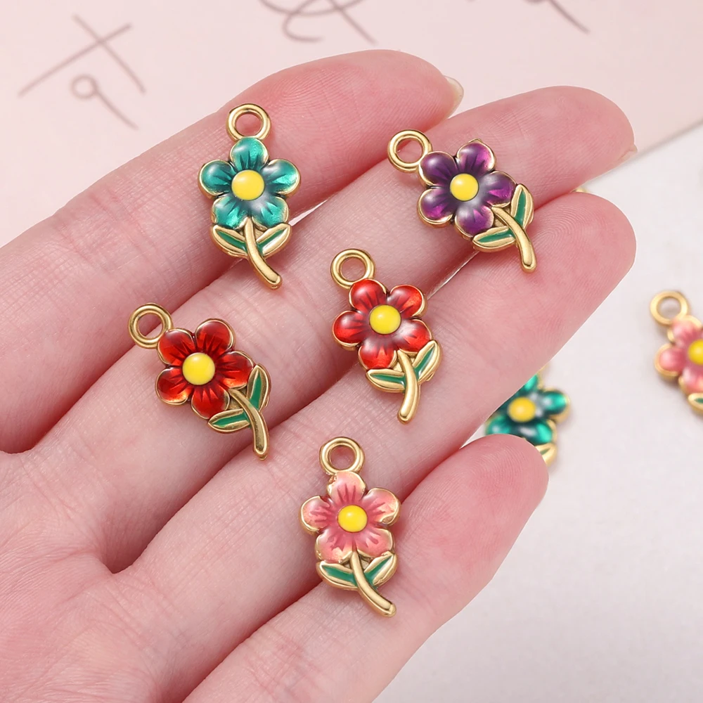2Pcs Stainless Steel Colorful Flower Enamel Pendant for DIY Necklace Bracelet  Earring Anklet Jewelry Making Supplies Wholesale