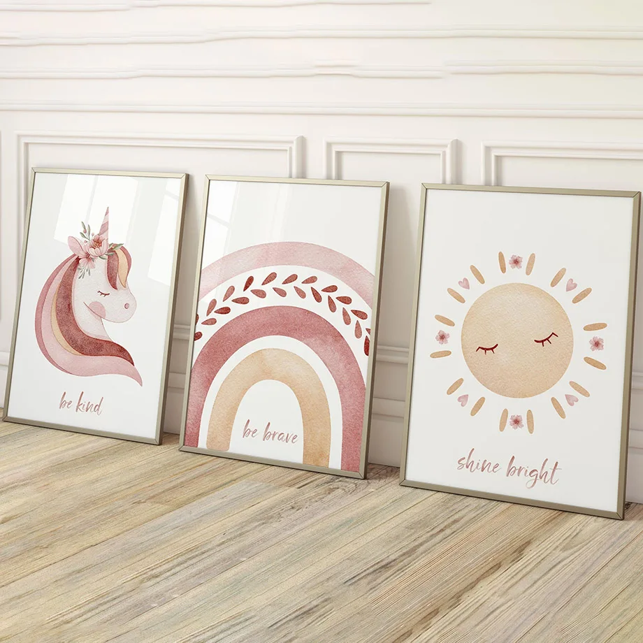 Watercolor Unicorn Sun Moon Rainbow Cloud Wall Art Canvas Painting Cartoon Posters And Prints Pictures Girl Kids Room Home Decor
