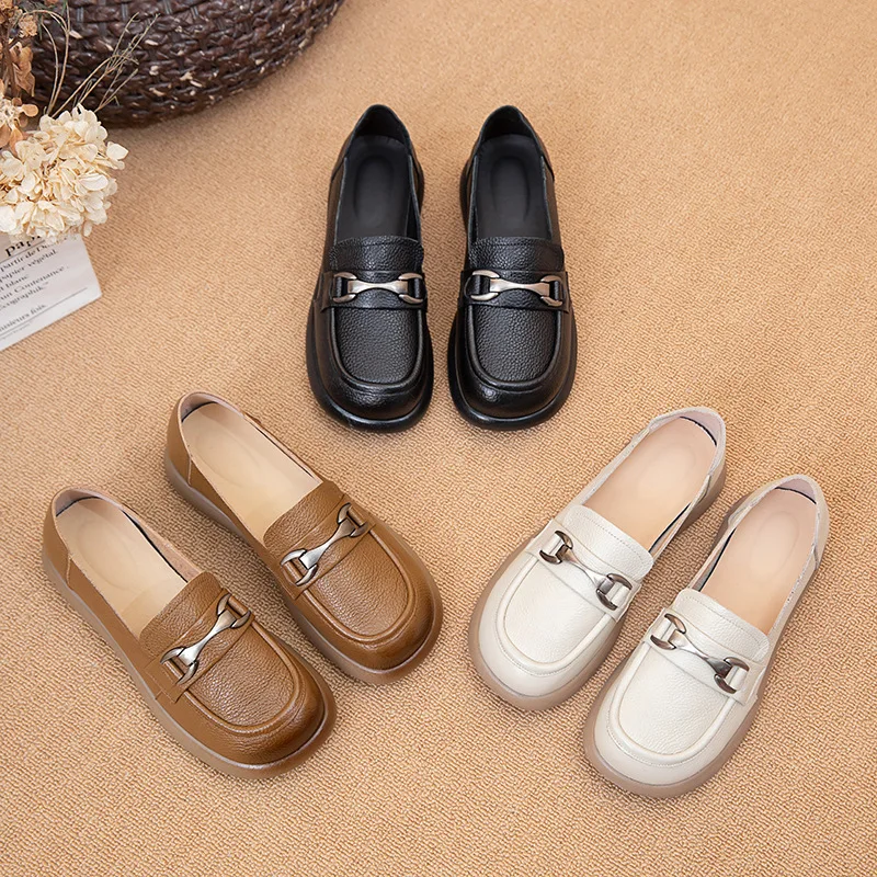 

Round toe soft sole shallow mouth pregnant women's non slip flat bottomed genuine leather women's singles shoes