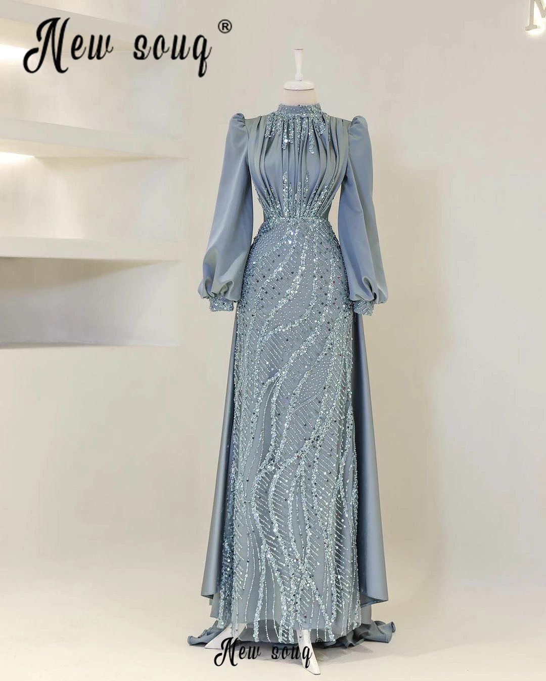 Muslim Dusty Blue Lantern Sleeve Prom Dress Beaded Sheath Dresses Arabic Women Wedding Party Gowns Formal Evening Dress 2024