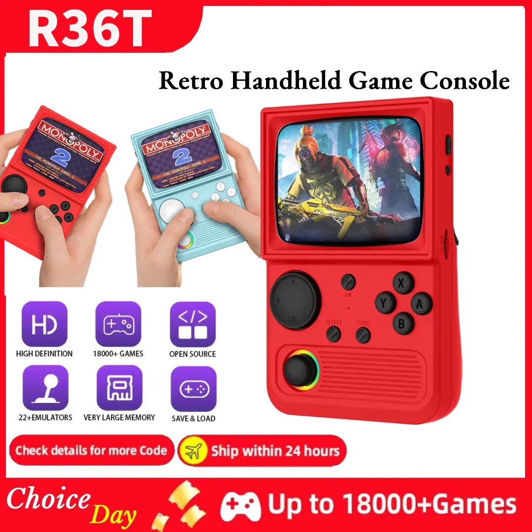 

R36T Retro TV Handheld Game Console Multiplayer 3.5 inch IPS Screen Portable Pocket Player EmuELEC System 18000+ Games Gift