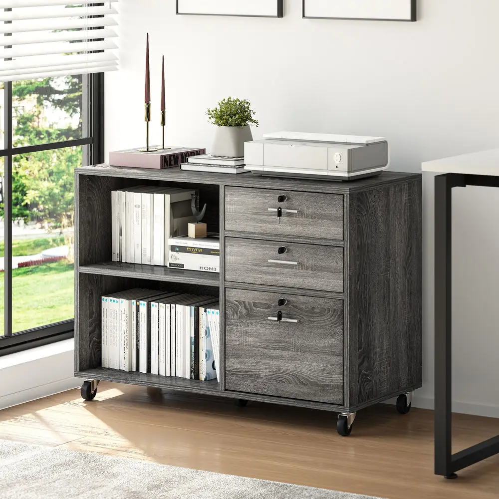 

Filing Cabinet 3-Drawer Organizer File Cabinet Open Storage Shelves with Lock